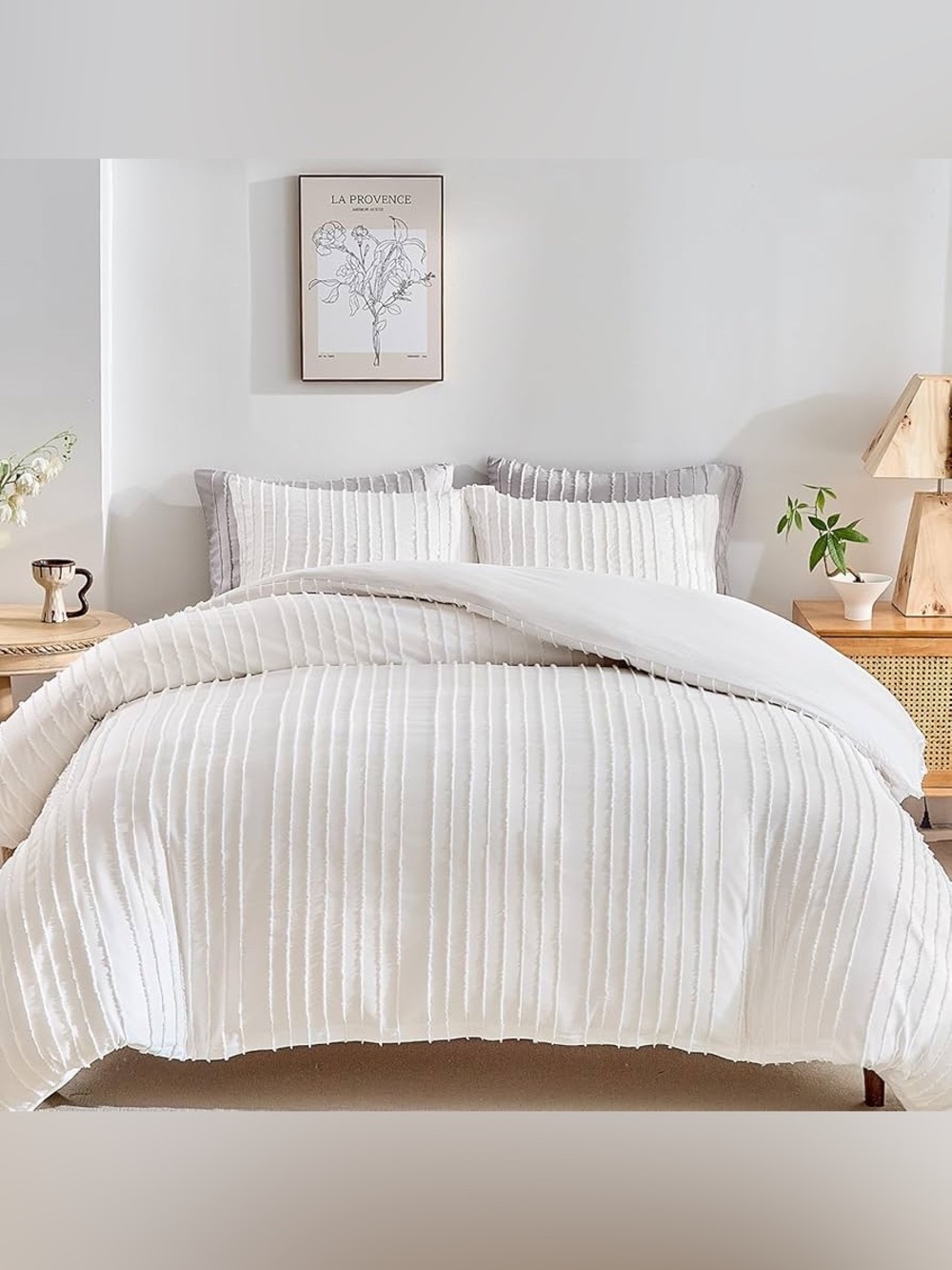 WARMDERN White Boho Duvet Cover Set Striped Textured Tufted Bedding Set, 3 Pcs